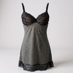 F.I.T. M Gray Black Plaid Lace Silky Shaper Nightie Chemise Slip R$55